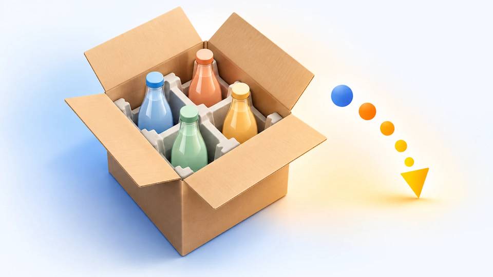 Twelve glass bottles in a box: fixing the parcel before the funnel