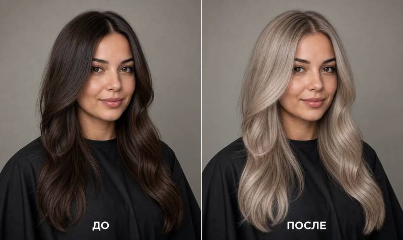 сравнение до/после — тёмная база слева и холодный блонд справа, один и тот же человек, демонстрация работы колориста