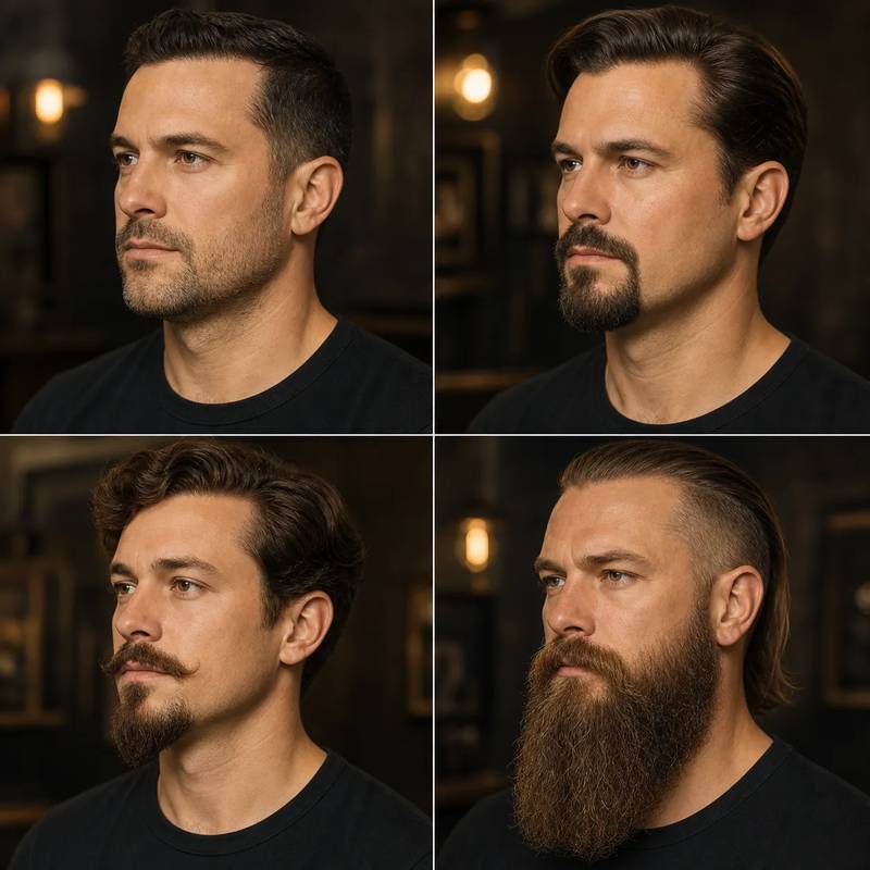 сетка из четырёх мужских портретов — щетина (stubble), козлиная бородка (goatee), эспаньолка и викингская борода, наглядное сравнение форм