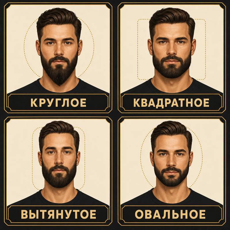 инфографика форм лица (круглое, квадратное, вытянутое, овальное) с подходящей формой бороды для каждой