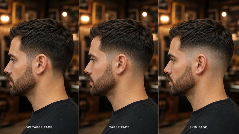 сравнение видов фейда — low taper, taper и skin fade, вид сбоку, разная высота и контраст перехода