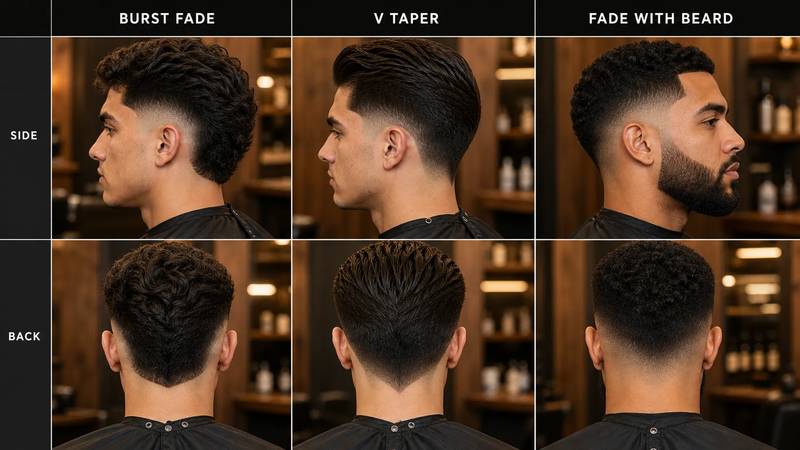 варианты фейда — burst fade, v taper и fade with beard, примеры на мужских стрижках