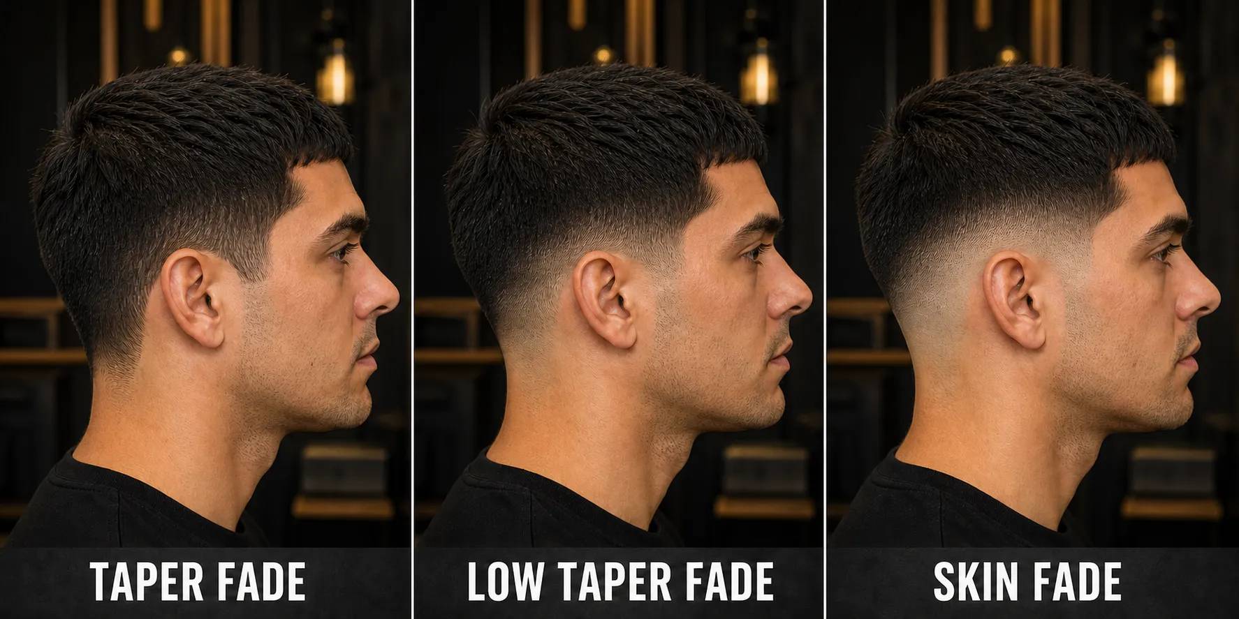 три вида фейда рядом — taper fade, low taper fade, skin fade, вид сбоку, наглядная разница контраста