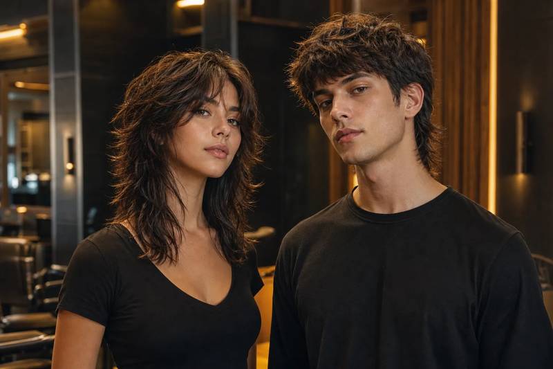 девушка и мужчина с wolf cut рядом — женский и мужской вариант волчьей стрижки, единый тёплый свет Trueman